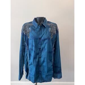 Roar Signature Button Down Shirt Mens 2XL Green L/S Embroidered Rock Y2K Tribal